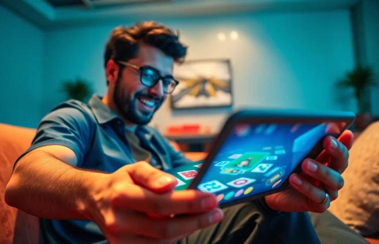 Exciting gameplay of Yono Rummy on a tablet, surrounded by a vibrant atmosphere.