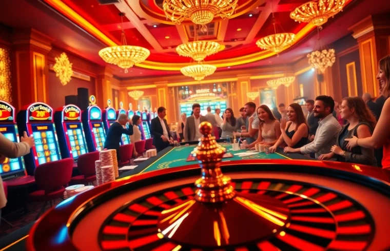 WN678 casino scene with vibrant poker tables, spinning roulette, and thrilled gamblers.