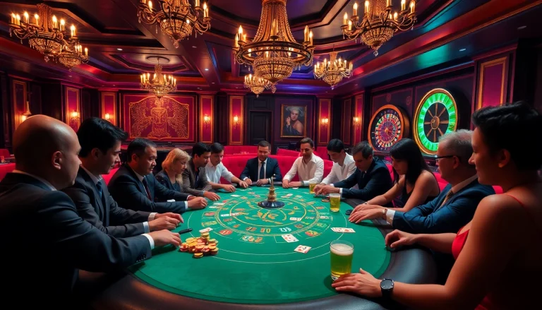 Players enjoying a thrilling poker game experience on https://mk8th.net/ amid a luxurious casino setting.