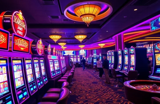 Excited players enjoying vibrant slot machines in a luxurious casino setting.