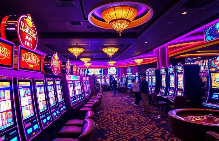 Excited players enjoying vibrant slot machines in a luxurious casino setting.