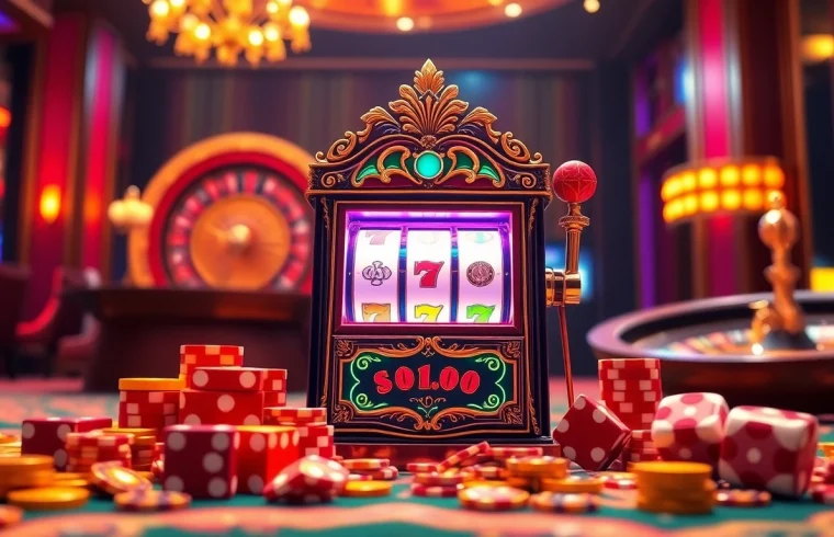 Experience the excitement of winning with slot gacor terpercaya at a vibrant casino scene featuring a luxurious slot machine.