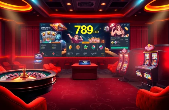 Engage with the thrilling ambiance of 789club, featuring roulette, poker chips, and slot machines.