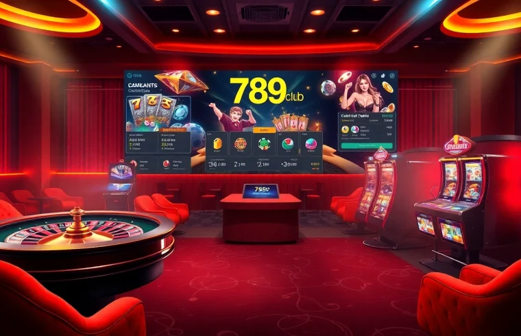 Engage with the thrilling ambiance of 789club, featuring roulette, poker chips, and slot machines.