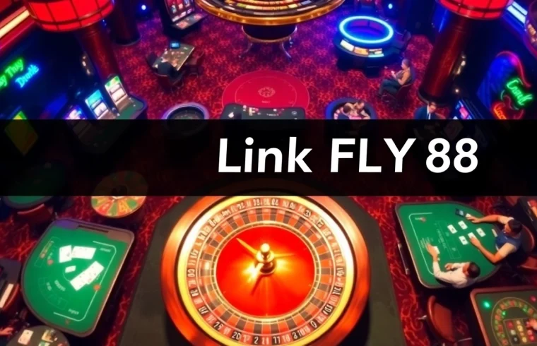 Link FLY88 showcases a luxurious casino scene with engaging players at gambling tables.