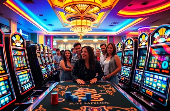Players enjoying thrilling slot games at a colorful casino filled with vibrant machines.