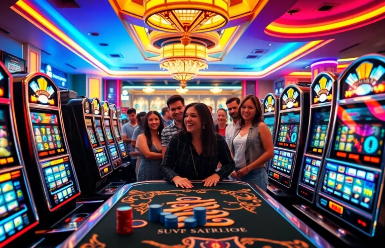 Players enjoying thrilling slot games at a colorful casino filled with vibrant machines.