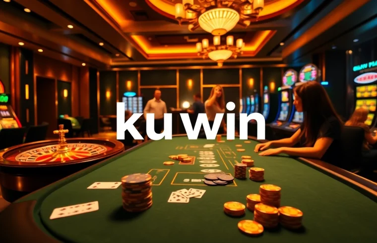 Kuwin online casino scene with exciting gameplay, professional poker table, and roulette wheel.
