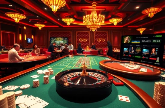 Exciting gambling scene showcasing nhà cái NOHU90 with high-stakes betting, casino tables, and engaged players.