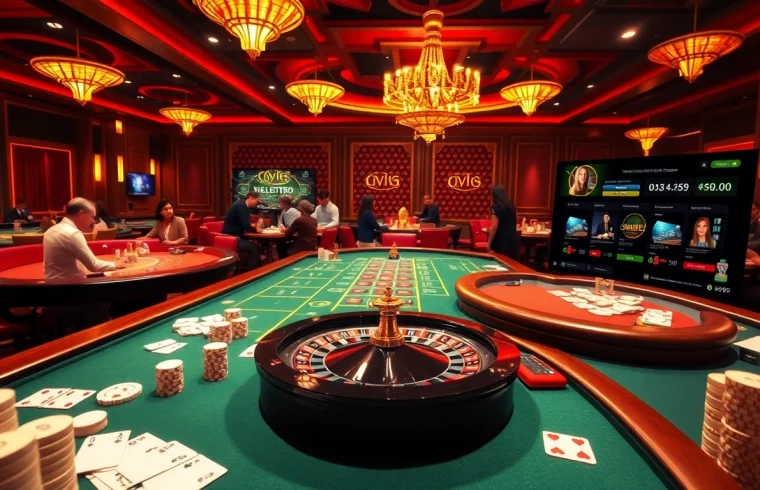 Exciting gambling scene showcasing nhà cái NOHU90 with high-stakes betting, casino tables, and engaged players.