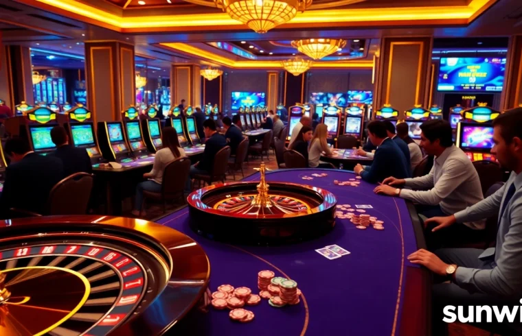Experience the thrilling atmosphere of sunwin with players engaged at vibrant gaming tables.
