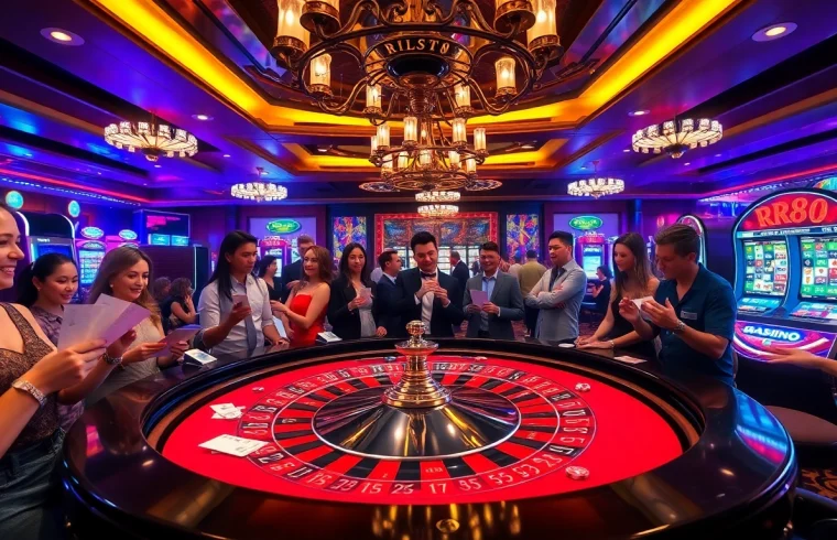 Engaging players at RR88 casino’s vibrant roulette table with colorful chips and cards.