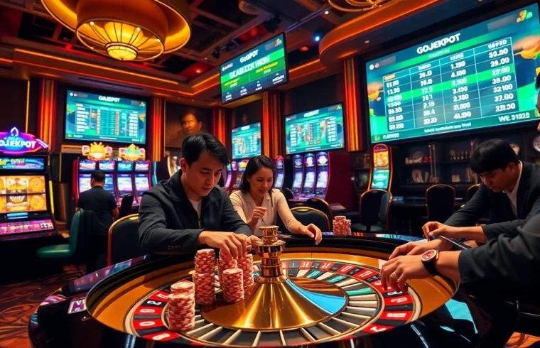 Experience the thrill of gojekpot at vibrant casino tables featuring roulette, slots, and poker.