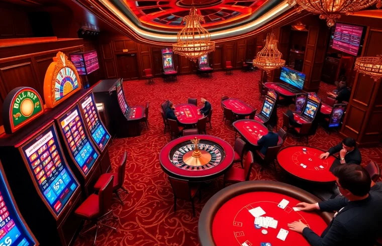 Experience the excitement of Bl555 through vibrant casino action, featuring poker tables and slot machines.