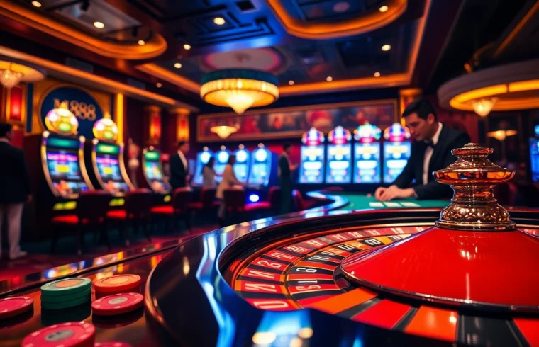 Experience the thrill of mm888 at a luxurious casino table filled with cards and chips.