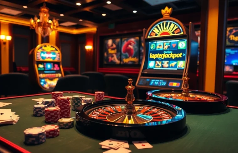 Experience the thrill of kaptenjackpot at an opulent casino table with cards and chips.