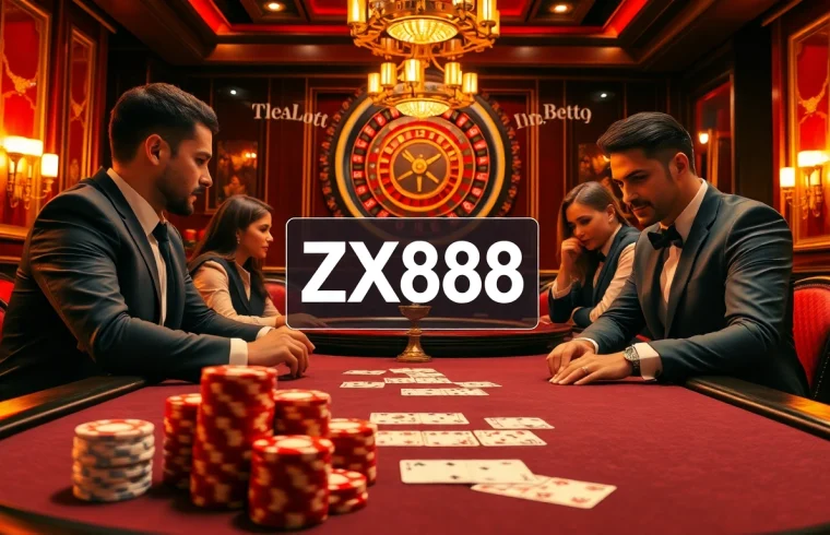 Engaged players at a poker table, showcasing excitement and strategy while betting on ZX88.Casino atmosphere.
