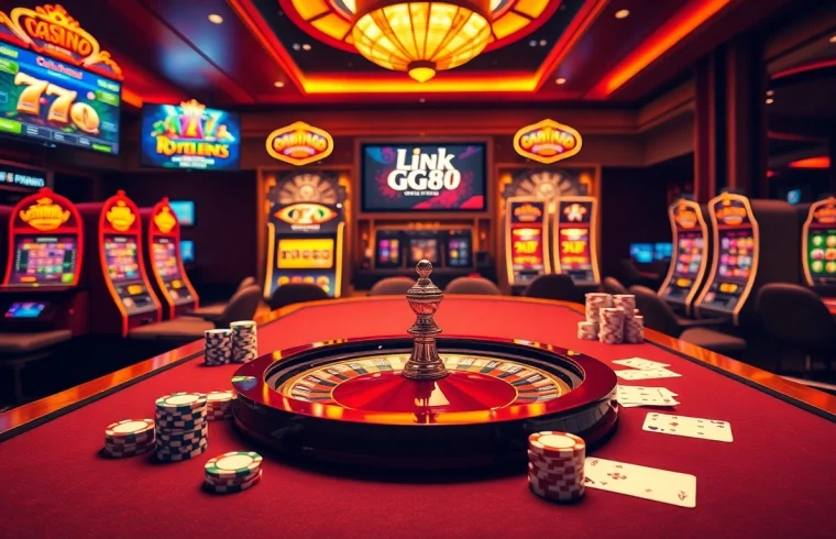 Experience the excitement of Link GG88 at a luxurious casino, featuring vibrant tables, chips, and cards.