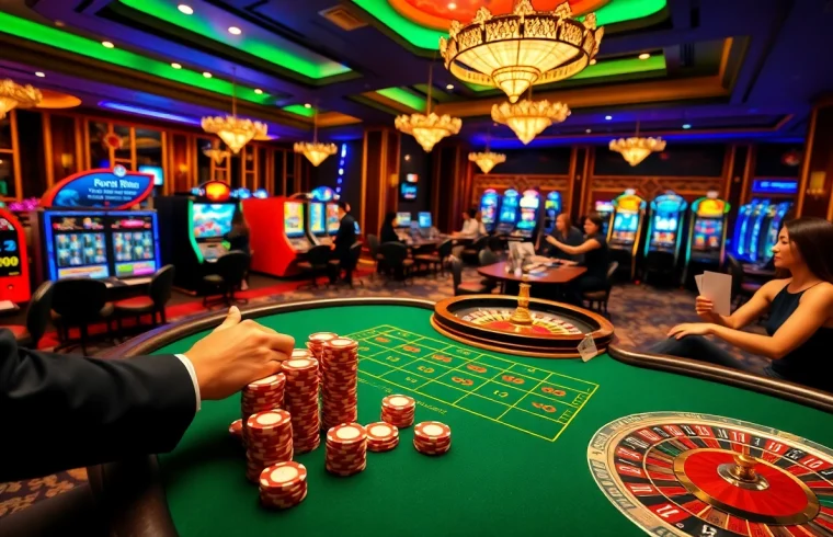 Engaging casino atmosphere with 58win gaming tables, vibrant chips, and roulette wheel excitement.