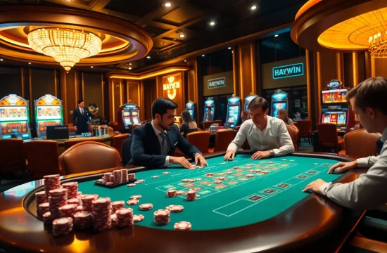Players engage in thrilling poker gameplay at a lively casino table, highlighting the excitement of haywin.