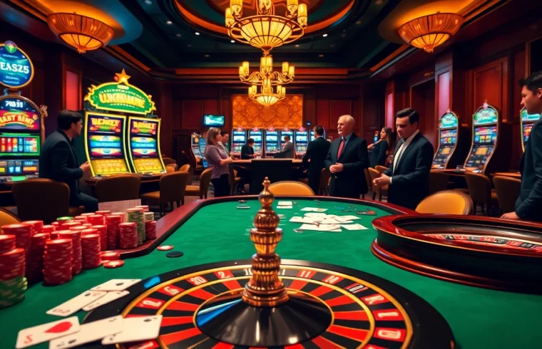 Join the action at https://vb88.social/ with an engaging casino scene featuring lively games, chips, and a roulette wheel.