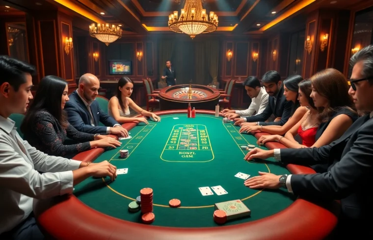 Exciting gamebai action at a luxurious casino table with players and poker chips.