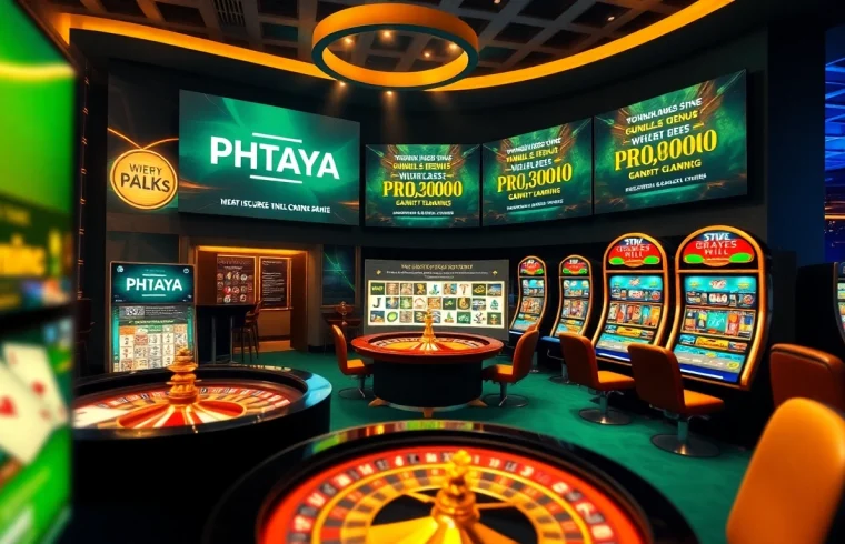 PHTAYA offers thrilling online gaming, featuring poker cards and a roulette wheel in an upscale casino setting.