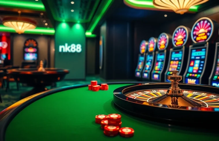 Gamblers enjoying a vibrant nk88 casino experience with roulette and poker tables.