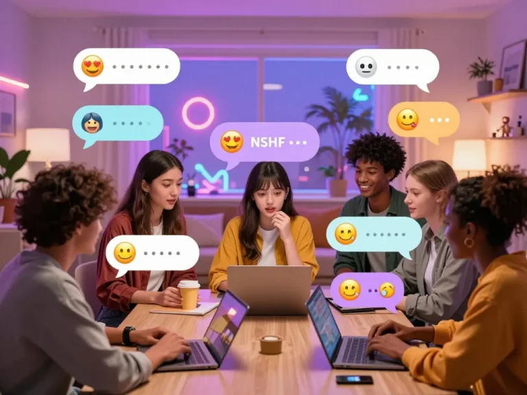 Engaging NSFW chat scene with diverse avatars communicating in a vibrant digital setting, showcasing playful interactions.