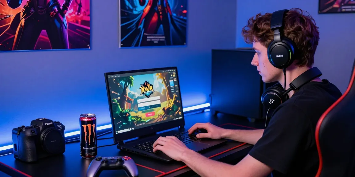 Raja Game login interface on a laptop in a vibrant gaming setup, focusing on an engaged player.