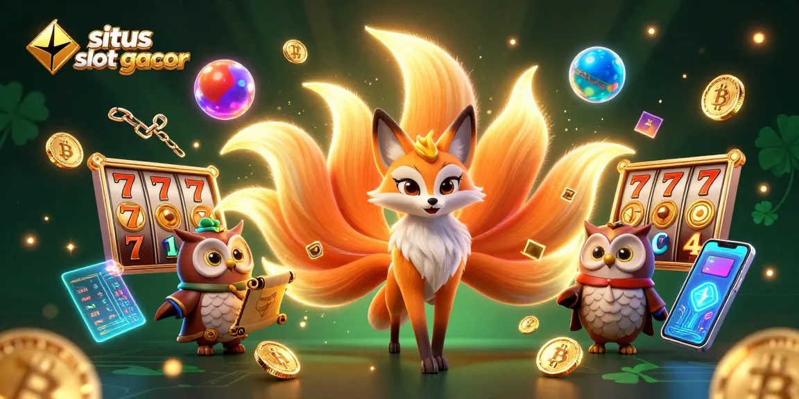 Permainan situs slot gacor yang menyenangkan dengan karakter buku sihir dan koin kripto berkilauan dalam gambar ilustrasi menarik