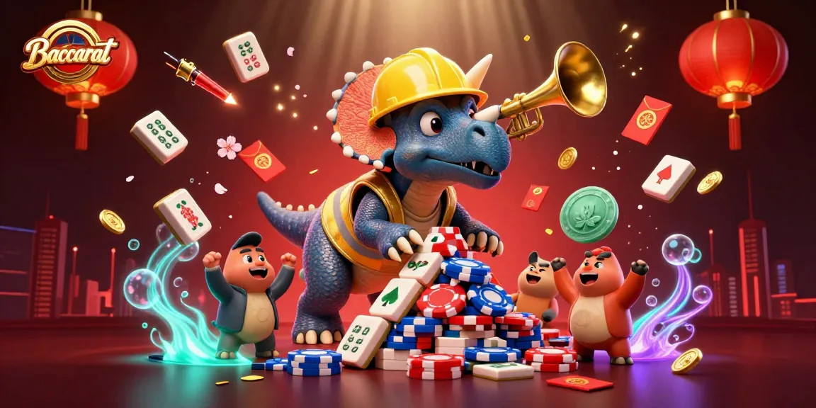 Baccarat gameplay scene featuring a cheerful triceratops and parasaurolophus with poker chips and festive decorations.