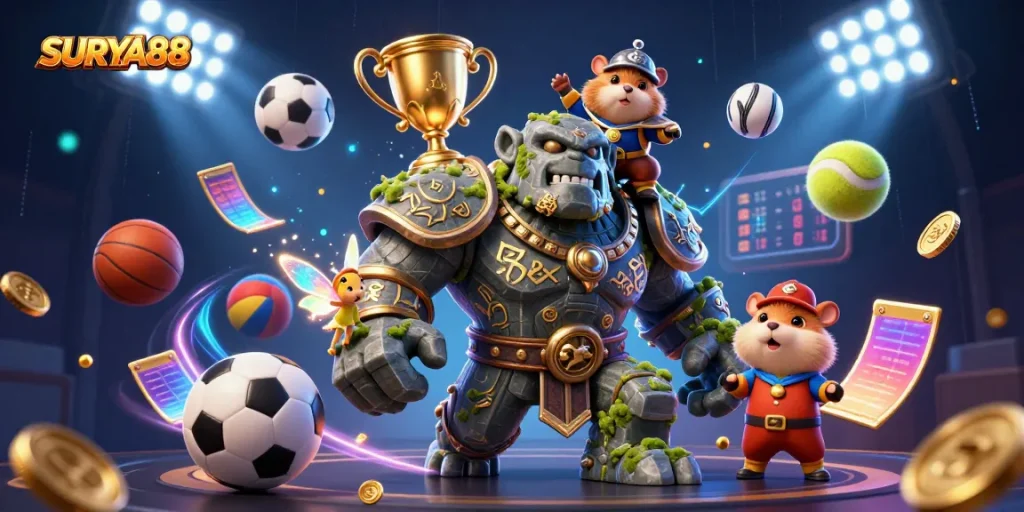 SURYA88 brings excitement to sports betting with dynamic characters and illustrated gaming elements